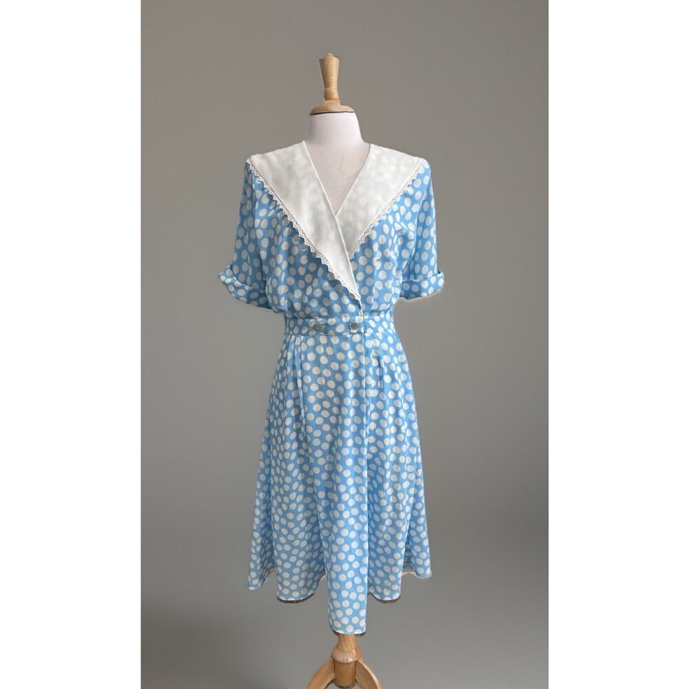 Vintage SUNSHINE STARSHINE 80's Retro White & Blue Dot Fit Flare Midi Dress L
